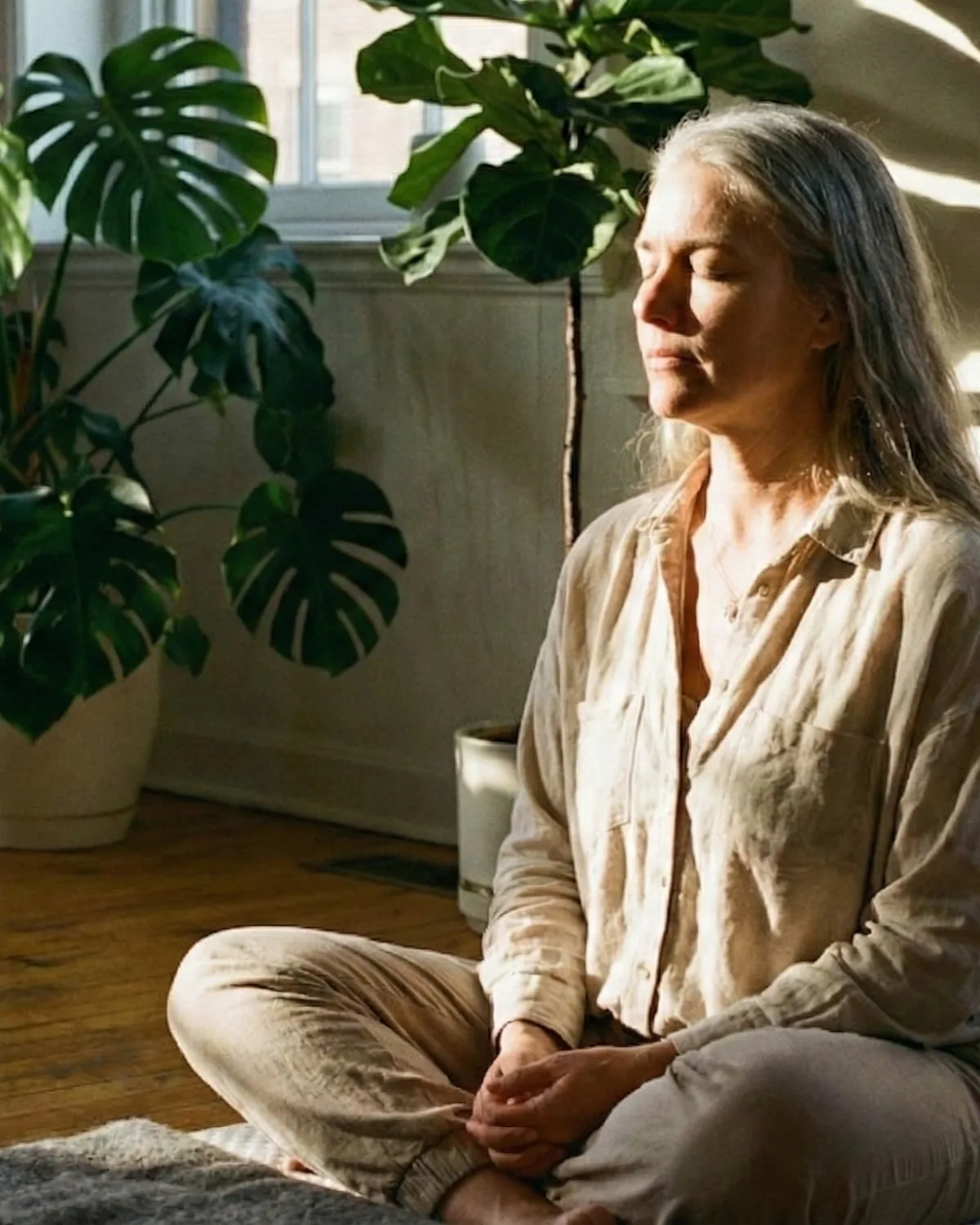 A woman seated quietly in a sunlit room